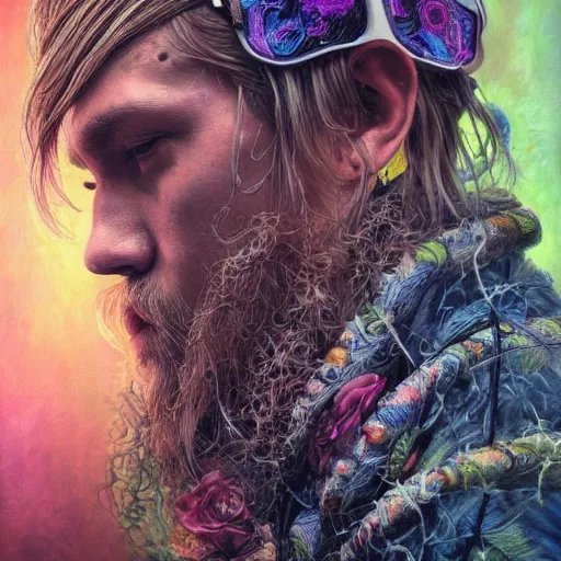 Image similar to portrait of charlie hunnam, hyper detailed masterpiece, neon floral pattern, jean giraud, digital art painting, darkwave goth aesthetic, psychedelic, artgerm, donato giancola and tom bagshaw