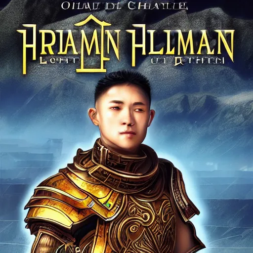 Image similar to portrait of a human paladin, litrpg novel cover, Chinese Mongolian script, book cover