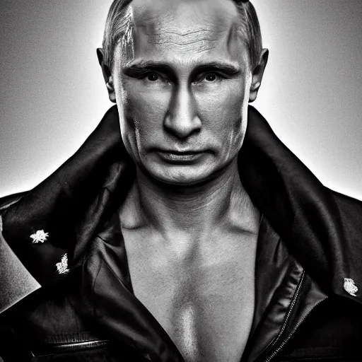 Prompt: vladimir putin sigma male, megachad, grindset, muscular, black and white image, powerful jaw, smiling, 8 k, professional portrait photography