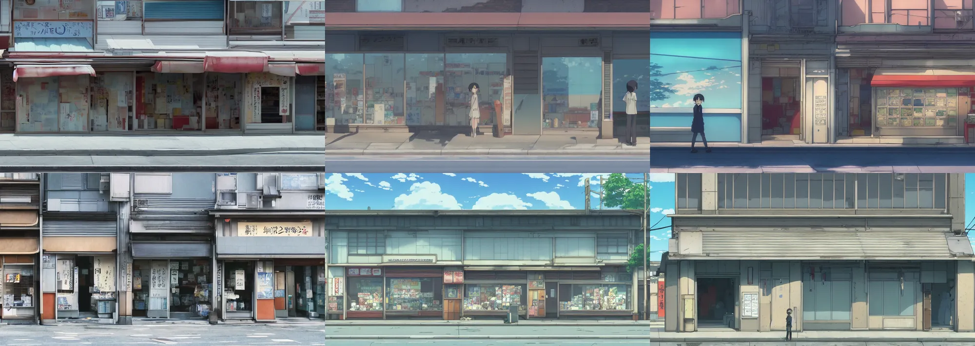 Prompt: front view of a closed japanese storefront in the beautiful anime film by makoto shinkai and studio ghibli