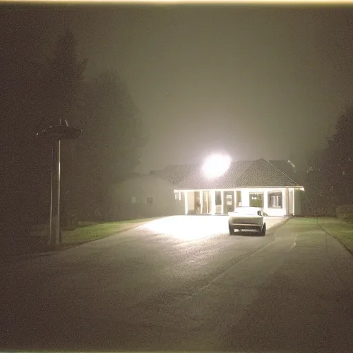 Image similar to a foggy high flash photo of a suburban home from the street at night, 2 0 0 6, taken with a disposable camera