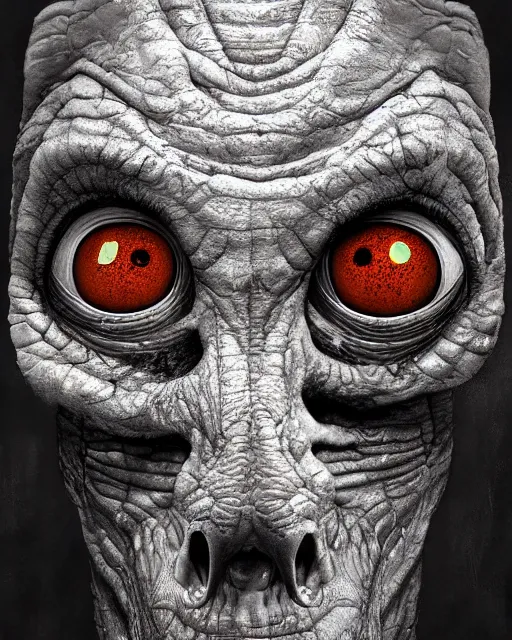 Image similar to Haunting horrifying hyperrealistic detailed painting of a tall slim reptile extraterrestrial creature made of concrete stone brick, covered in, heavy metal, disgusting, creepy, unsettling, and bloodshot eyeballs, hyper detailed, trending on Artstation