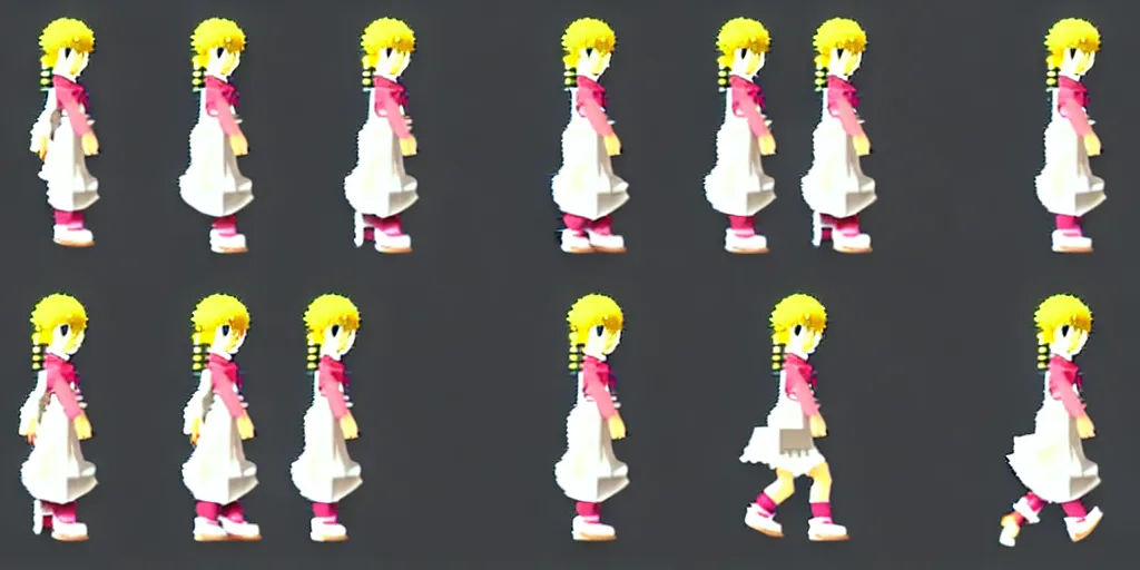 Image similar to 3 d walking cycle sprite sheet of a girl in a peasant clothes, walking to the right, each sprite is a different frame of the animation, in the style of final fantasy games, side view of her taking steps, accurate walk cycle, walk cycle, walk cycle, always wearing the same clothes