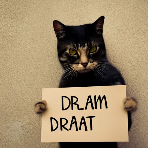 Prompt: realistic high quality photo of a cute cat holding a sign with text that reads : dream, cat, casts, cats cat cat dreamcats,