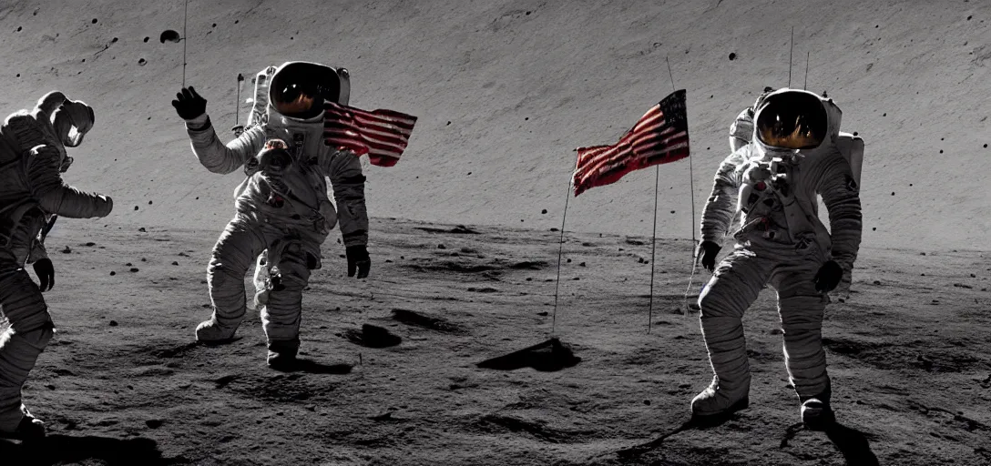Prompt: JFK shaking hands with an alien on the moon 4k, award-winning art, digital art, matte painting, trending on artstation, 4k