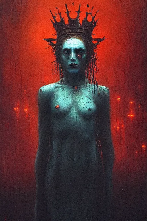 Prompt: queen of darkness painting in the style of beksinski, violent, high delicate defined details, beautiful, atmospheric, rain, matte, 3 d 8 k octane rendered, sharp focus, illustration, high detail, ultra realistic