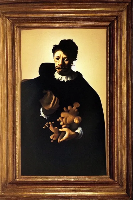 Image similar to a muppet painted by Caravaggio, dark black background