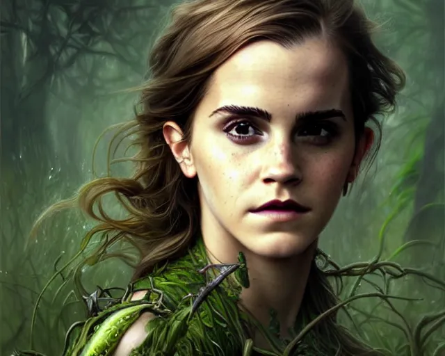 Image similar to mindblowing portrait of emma watson as a swamp witch, green skin, deep focus, d & d, fantasy, intricate, elegant, highly detailed, digital painting, artstation, concept art, matte, sharp, illustration, hearthstone, art by artgerm and greg rutkowski and alphonse mucha