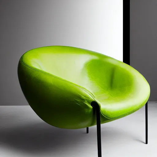 Prompt: an avacado chair, an armchair that looks like an avacado with green leather and seed yolk, award winning design, studio lighting, advanced photography, beautifully lit
