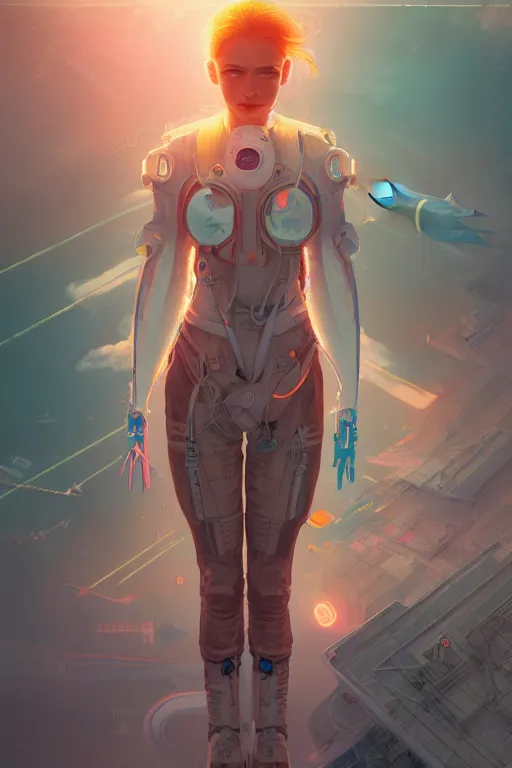 Image similar to portrait futuristic Airforce Girl, in future airport rooftop , ssci-fi, fantasy, intricate, very very beautiful, elegant, human anatomy, neon light, highly detailed, digital painting, artstation, concept art, smooth, sharp focus, illustration, art by tian zi and WLOP and alphonse mucha