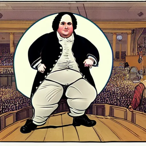 Image similar to action photograph of a fat George Washington as a 1999 hip hop star