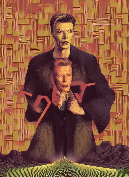 Image similar to twin peaks poster art, portrait of david bowie lost in the maze, other dimension, this is his fate for the next two years, by michael whelan, rossetti bouguereau, artgerm, retro, nostalgic, old fashioned