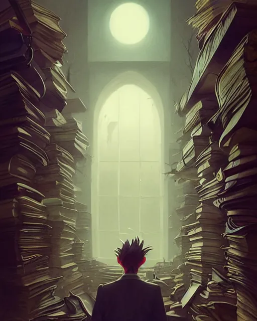 Prompt: highly detailed surreal vfx portrait of a villain in a graveyard of books, stephen bliss, unreal engine, greg rutkowski, loish, rhads, beeple, makoto shinkai and lois van baarle, ilya kuvshinov, rossdraws, tom bagshaw, alphonse mucha, global illumination, detailed and intricate environment