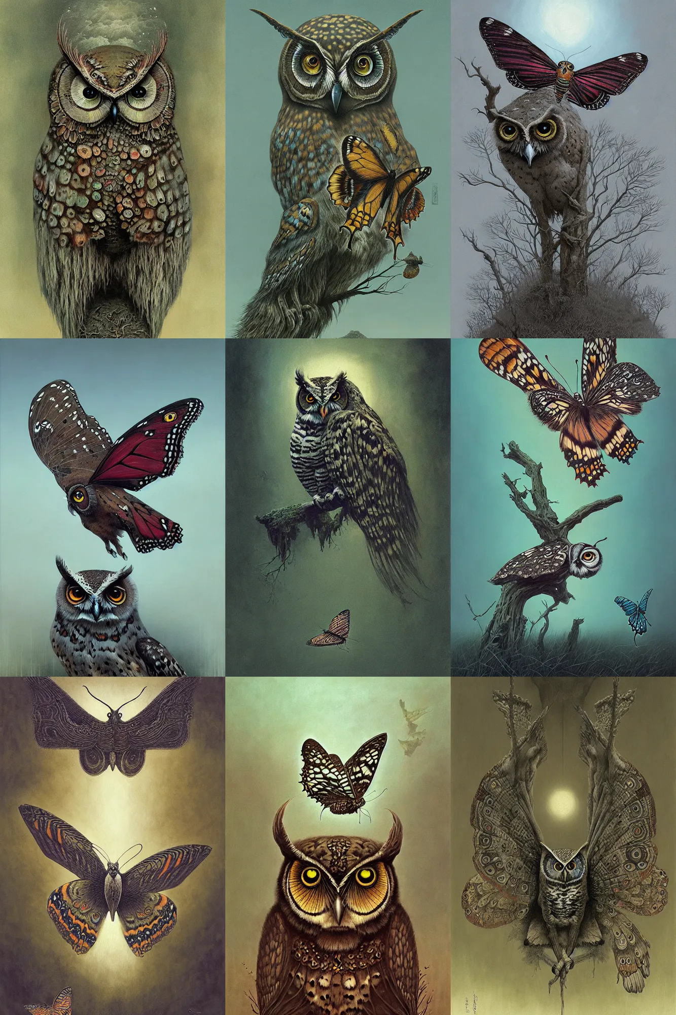 Prompt: painting of hybrid between butterfly & owl, intercrossed animal, by zdzislaw beksinski, by lewis jones, by mattias adolfsson, cold hue's, warm tone gradient background, concept art, beautiful composition, digital painting