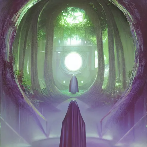 Image similar to portal in a middle of a lush futuristic forest, alien world seen through a portal, person in a cloak standing in front of a portal, syd mead, john harris