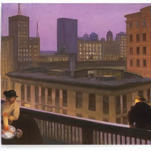 Image similar to a small rooftop with company of people sitting, shanghai bund is on the background, night, by edward hopper