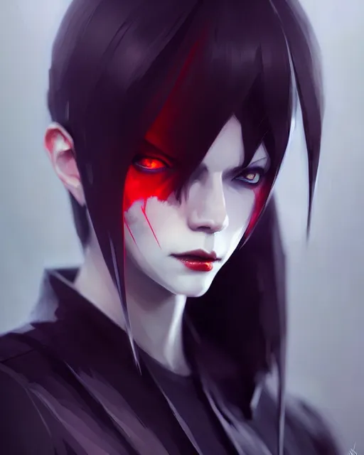 Image similar to sharp hq rendering, dark vampire, character portrait, concept art, painterly, fanart, highly detailed in the style of wlop by ilya kuvshinov, wenjun lin, angular asymmetrical design