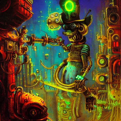 Image similar to steampunk rat, acid, 303, psychedelic, by paul lehr