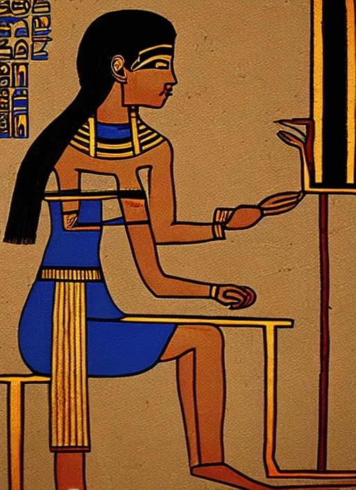 Image similar to ancient egypt painting girl using computer, 4 k, high quality, sharp fucos