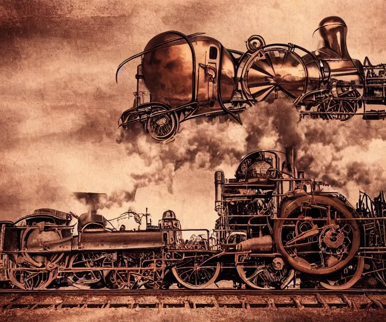 Image similar to steampunk countryside, 1 9 2 0 s, steam trains, blimps, rose gold