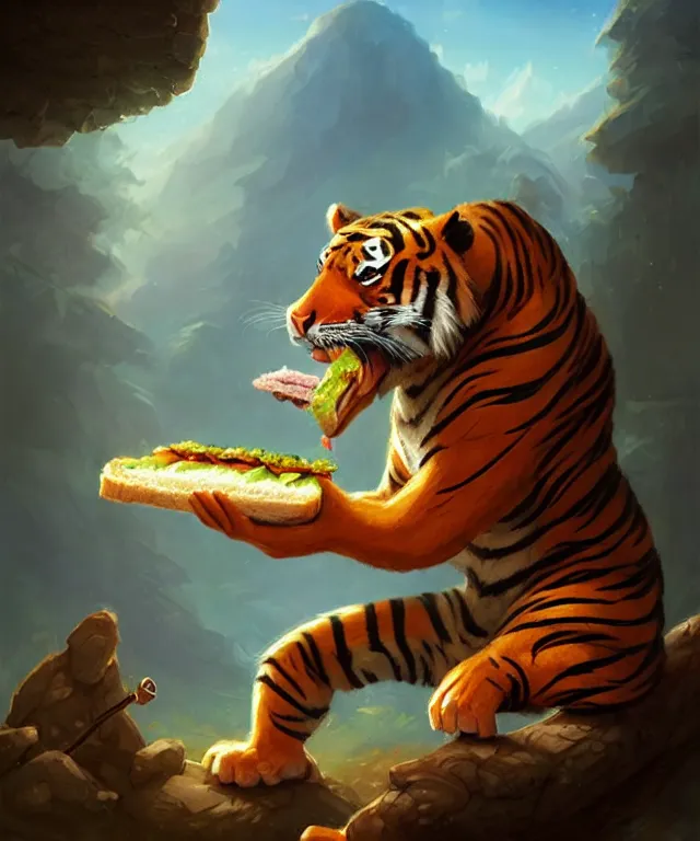 Image similar to a portrait an anthropomorphic explorer tiger eating a sandwich, landscape in background, cute and adorable, dnd character art portrait, well rendered matte fantasy painting, deviantart artstation, by jason felix by steve argyle by tyler jacobson by peter mohrbacher, cinematic lighting