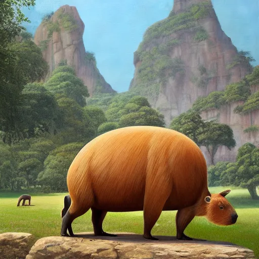 Image similar to a beautiful painting of an enormous capybara animal statue, by Antonio Guidotti, ghibli studio, hyper detailed, matte art, trending on artstation