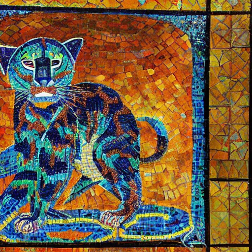 Prompt: church painting of the god of nature, the blue panther, hyperdetailed, mosaic