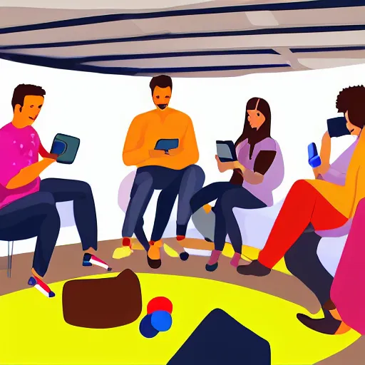 Prompt: a group of adults playing games on their phones while sitting in circle, digital painting, illustration