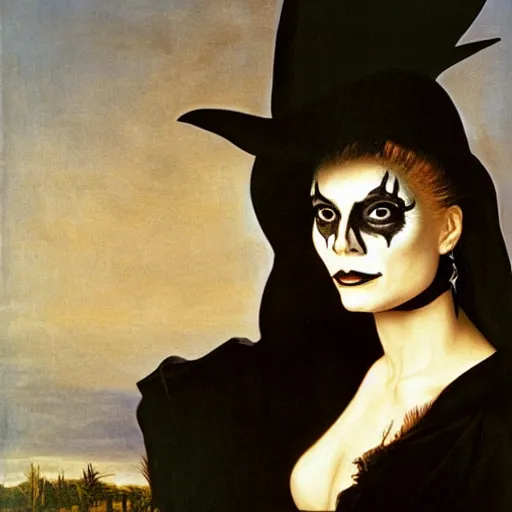 Prompt: portrait of young michelle pfeiffer as a witch wearing skull facepaint, oil painting by caravaggio