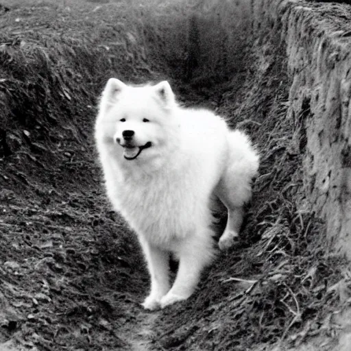 Image similar to a samoyed dog in a ww1 trench, grainy photo