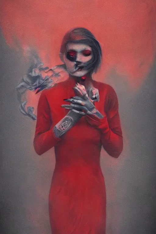 Image similar to tattooed beautiful cult girl smoke swirling and smiling, red dress, symmetric, dark, moody, eerie religious composition, photorealistic oil painting, post modernist layering, by Sean Yoro