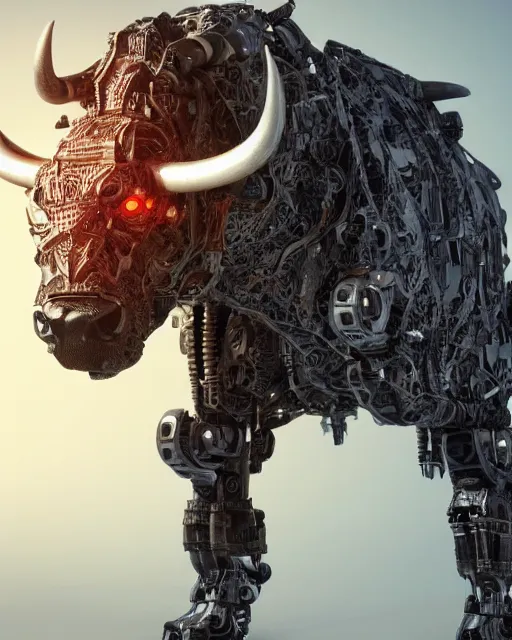 Prompt: a full body shot of an imposing cyborg ( bull ) modeled after a bull looking into the camera, android, cyborg, full body shot, intricate, 3 d, hyper realism, symmetrical, octane render, strong bokeh, fantasy, highly detailed, depth of field, digital art, artstation, concept art, cinematic lighting, trending