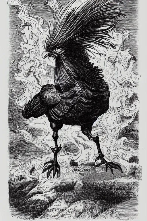 Prompt: 19th century wood-engraving of a confident muscular rooster headed man surrounded by flames, whole page illustration from Jules Verne book titled Stardust Crusaders, art by Édouard Riou Jules Férat and Henri de Montaut, high quality, portrait, beautiful, highly detailed, removed watermarks