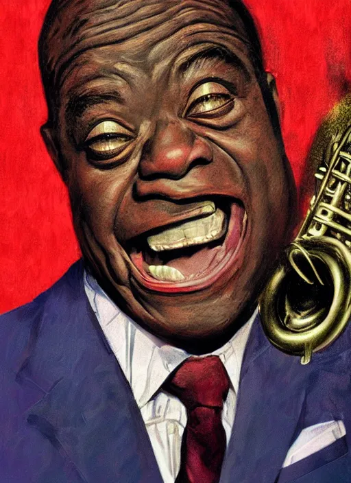 Image similar to a portrait of louis armstrong telling a joke, by drew struzan, dramatic lighting, highly detailed digital painting