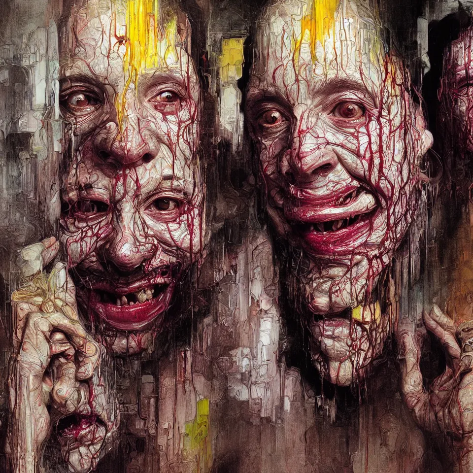 Image similar to bright realistic chabad cult smiling franticly, old apartment, rotten flesh, diffuse lighting, fantasy, intricate, elegant, highly detailed, lifelike, photorealistic, digital painting, artstation, illustration, concept art, smooth, sharp focus, art by francis bacon and jenny saville