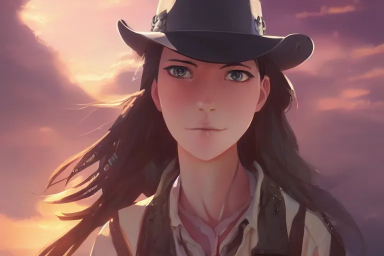 Image similar to western cowgirl, single subject, scenic full shot, ambient lighting, detailed face, by makoto shinkai, stanley artgerm lau, wlop, rossdraws