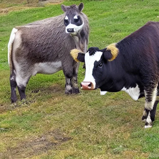 Prompt: picture of a cow and a raccoon