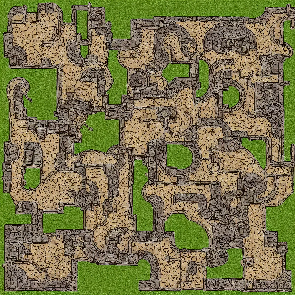 Image similar to tabletop rpg battlemap, castle floorplan, top down grid, high detail, architectural, full color, flat light, spiral stairs, gate, narrow windows