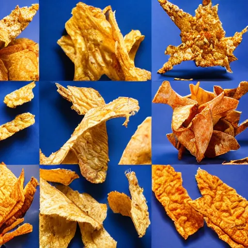 Image similar to a chaotic collage of award winning crispy crisps