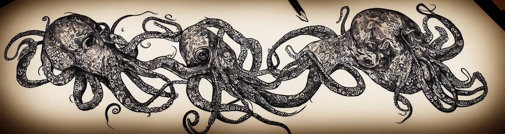 Prompt: a tattoo illustration of an mad octopus in lowbrow art style
