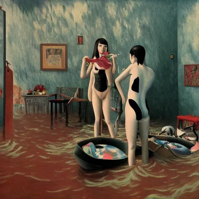 Image similar to tall female emo artists in their flooded apartment, painting of flood waters inside an artist's home, a river flooding indoors, pomegranates, pigs, ikebana, zen, water, octopus, river, rapids, waterfall, black swans, canoe, berries, acrylic on canvas, surrealist, by magritte and monet