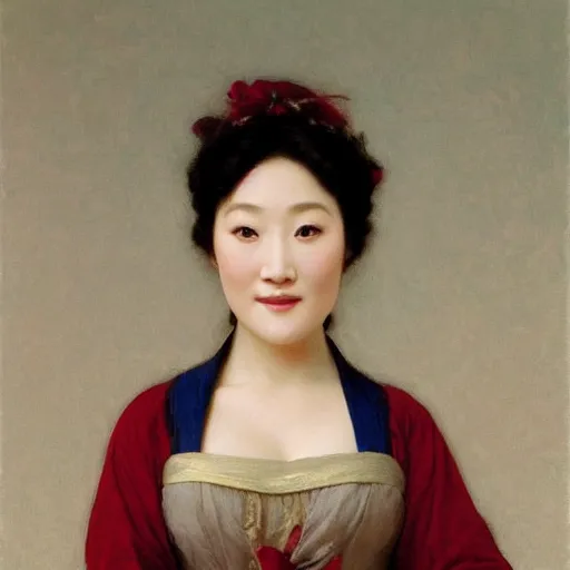 Image similar to Painting of Gong Li as Snow White. Smiling. Happy. Cheerful. Art by william adolphe bouguereau. Extremely detailed. Beautiful. 4K. Award winning.