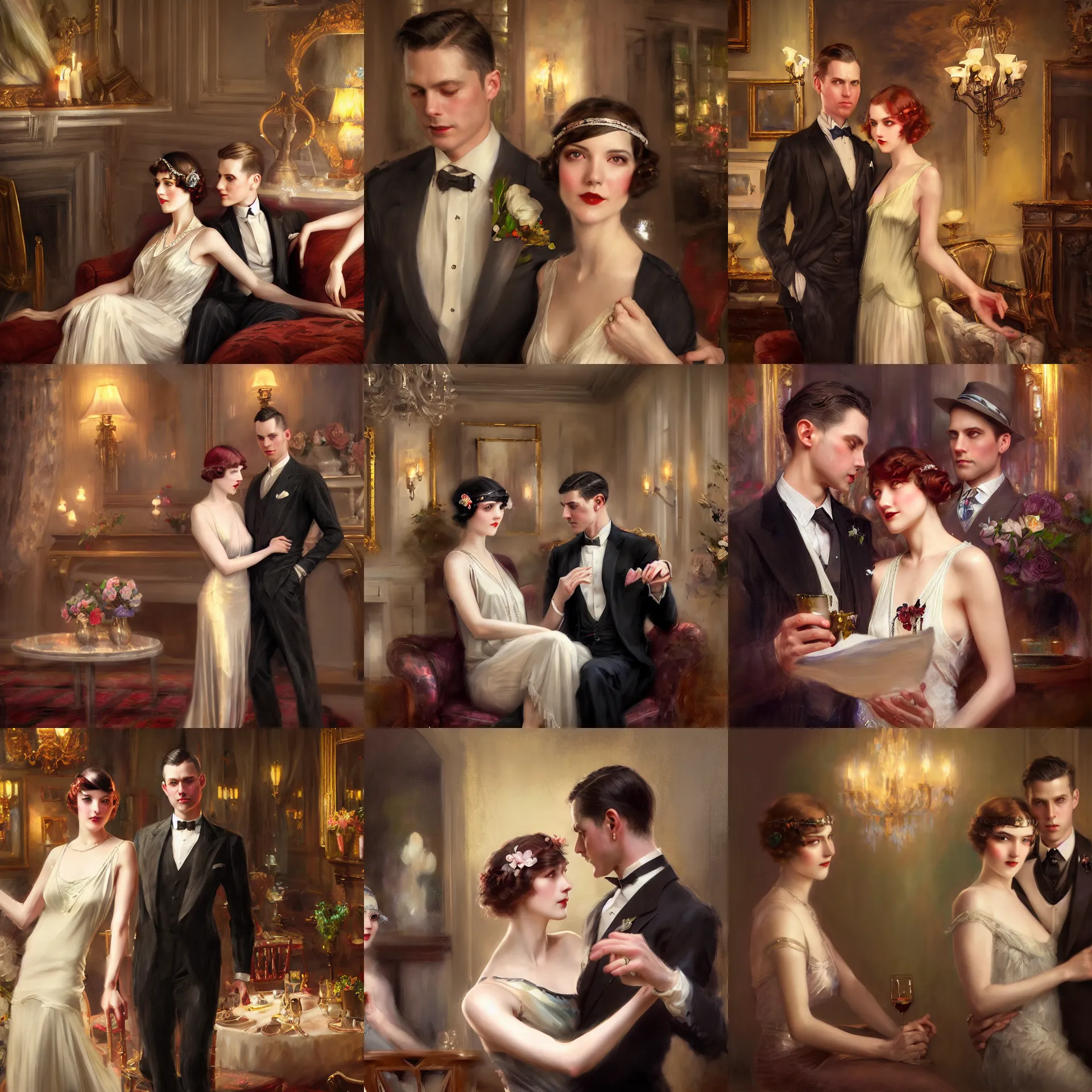 Prompt: daniel gerhartz and artgerm and wlop detailed portrait digital painting of a 1 9 2 0 s beautiful couple at a party in a mansion, mansion interior in the background, unreal engine, hyper realism, realistic shading, cinematic composition, blender render, octane render, hdr, detailed textures, photorealistic, 3 5 mm film