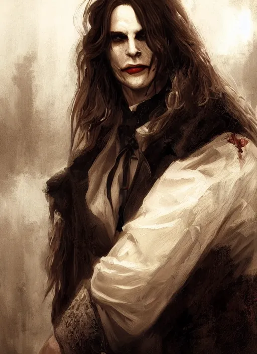 Image similar to portrait painting of the vampire lestat, muscular male gleeful, long hair! long coat, elegant rugged handsome unreal render cinematic lighting art 1 8 9 0 period drama by bussiere rutkowski andreas rocha