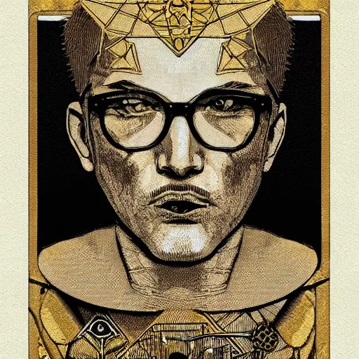 Prompt: portrait, a powerful alchemist, detailed golden tarot card, Geometric, Halftone, Hyperrealistic, Render, in the style of Jonathan Yeo,