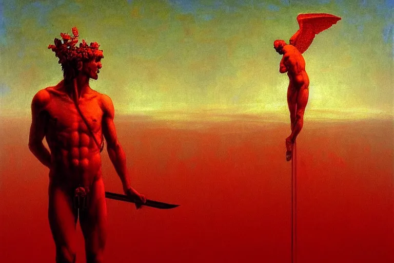 Image similar to only with red, a red melted apollo with a laurel wreath and a flaming sword announce the win, athens in the background, in the style of beksinski, part by hopper, part by rodcenko, part by hofbauer, intricate composition, red by caravaggio, insanely quality, highly detailed, masterpiece, red light, artstation