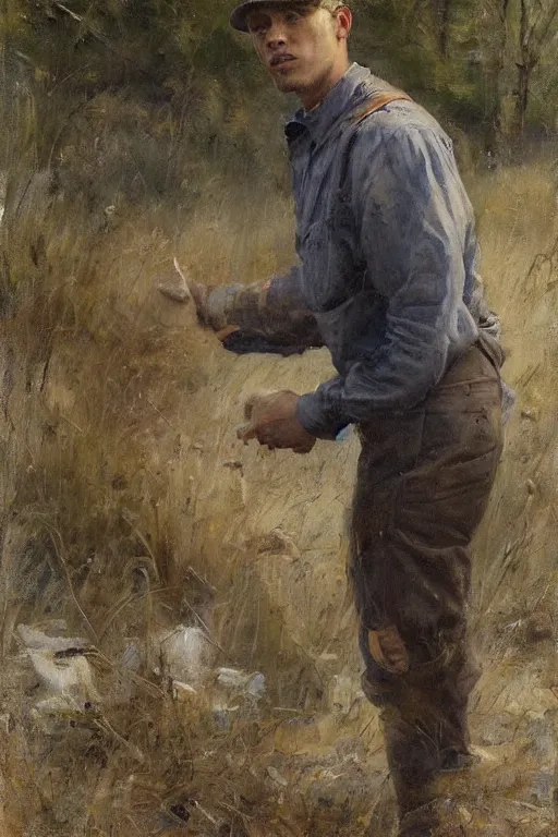 Image similar to Solomon Joseph Solomon and Richard Schmid and Jeremy Lipking painting full length portrait painting of a young man going to work in the field