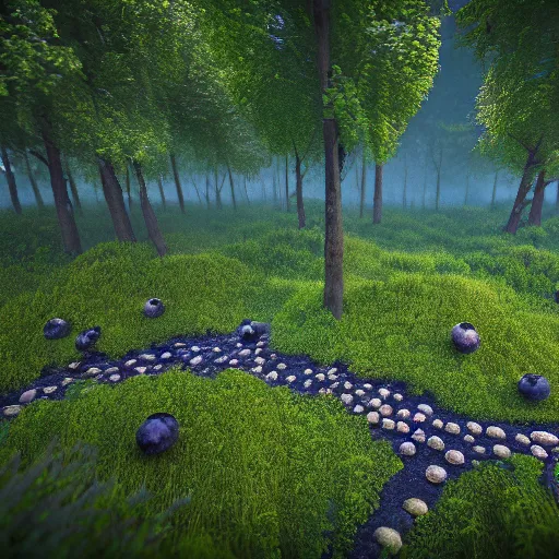Prompt: artistic render of a scene with detailed blueberry bushes in a nordic forest. Digital art. 4K. Unreal engine. Trending on artstation.