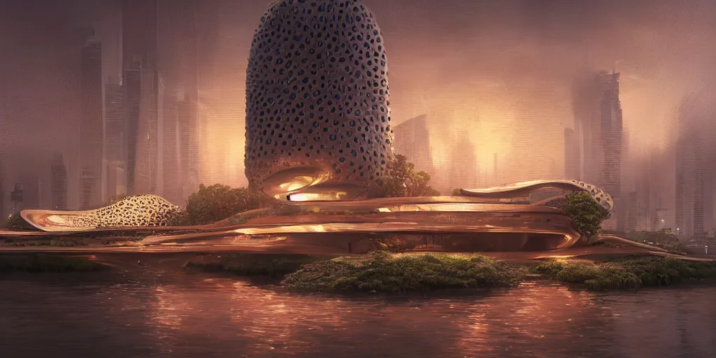 Prompt: An epic architectural rendering of a blob shaped trypophobia house with a mysterious red glow emitting from inside in a modern cityscape next to a river, by Zaha Hadid and Martin Johnson Heade and Greg Rutkowski, stunning, gorgeous, golden ratio, photorealistic, featured on artstation, 4k resolution