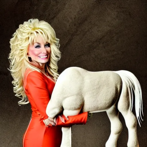 Image similar to a centaur with the head of Dolly Parton